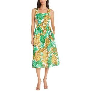 Maggy London Green and Gold Leaf Print Midi Dress Size 16